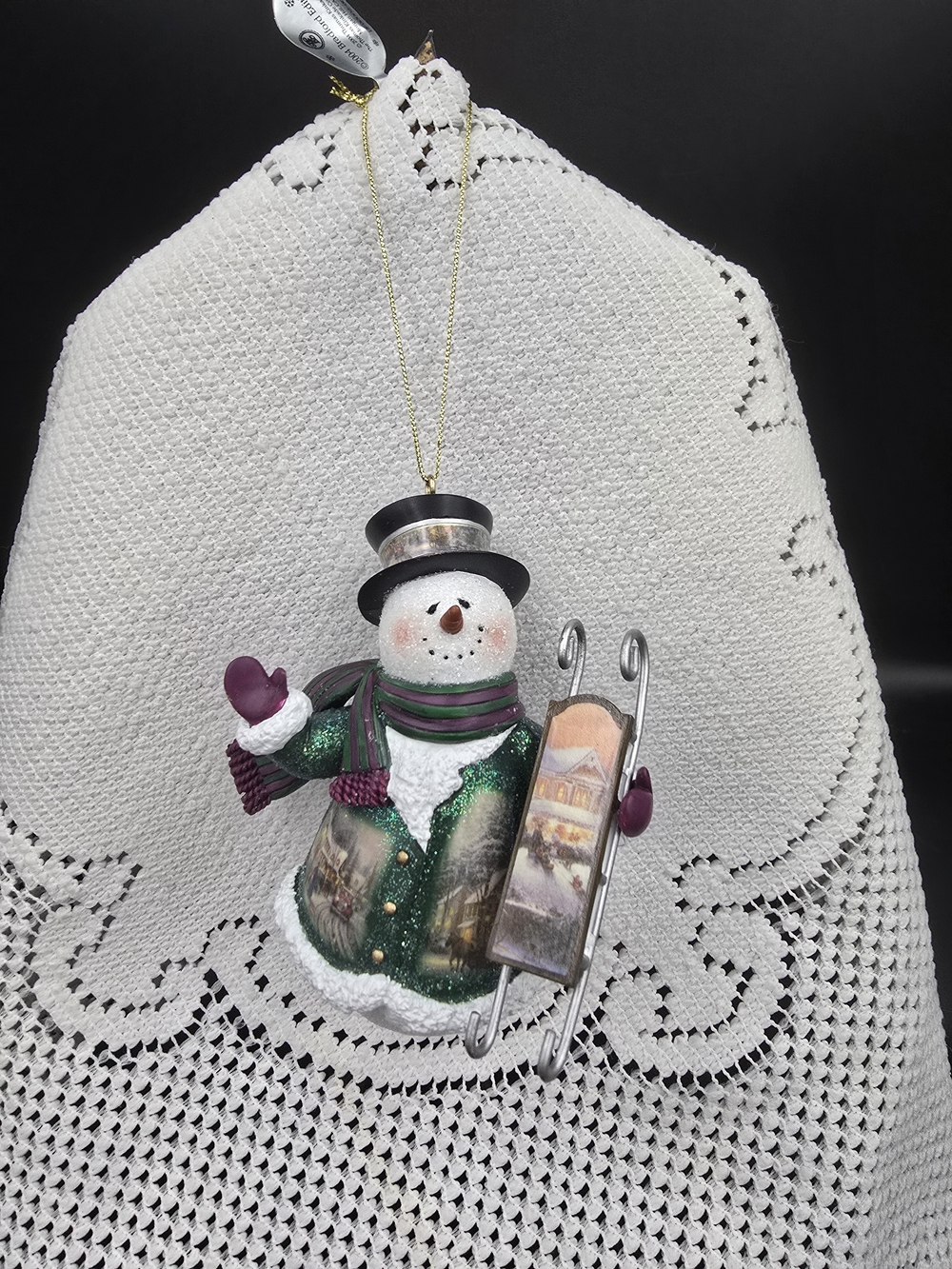 Thomas Kinkade Green and White Snowman Ornament with Purple Accents